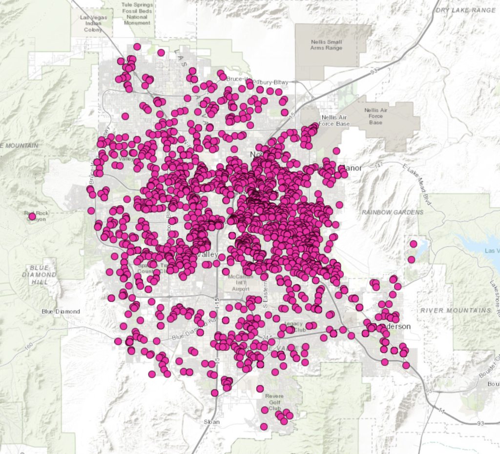 A map of the area with pink dots on it.